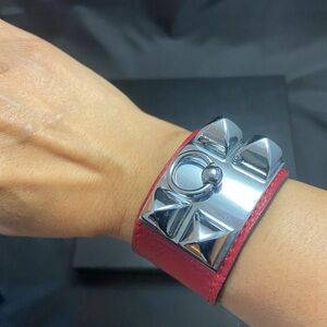 “Inspired” red leather bracelet with silver accents